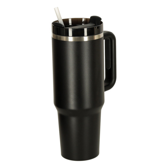 Termohrnček so slamkou a rúčkou 1200 ml - čierny