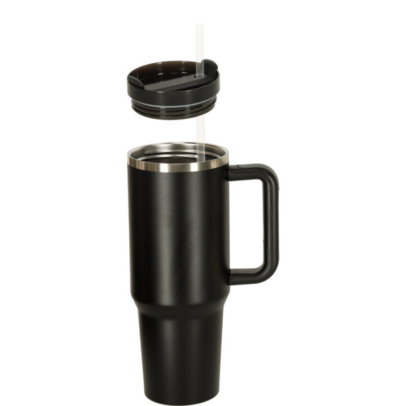 Termohrnček so slamkou a rúčkou 1200 ml - čierny