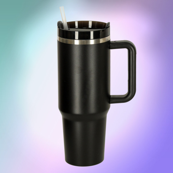 Termohrnček so slamkou a rúčkou 1200 ml - čierny