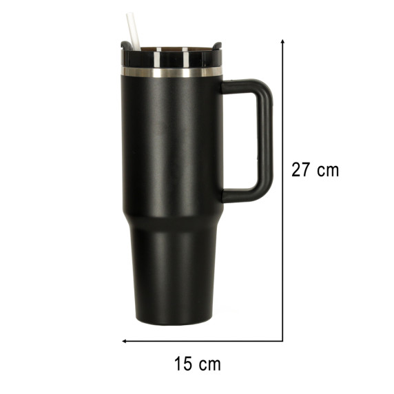 Termohrnček so slamkou a rúčkou 1200 ml - čierny