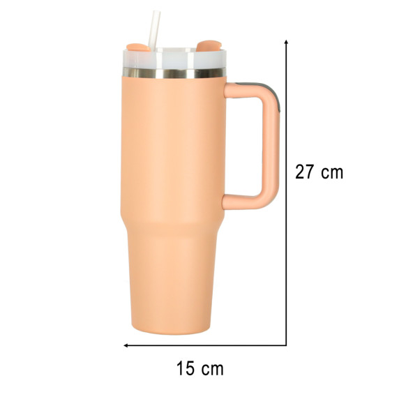 Termohrnček so slamkou a rúčkou 1200 ml - ružová