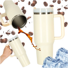 Termohrnček so slamkou a rúčkou 1200 ml - béžový - 