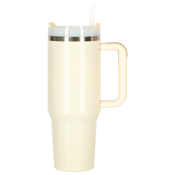 Termohrnček so slamkou a rúčkou 1200 ml - béžový