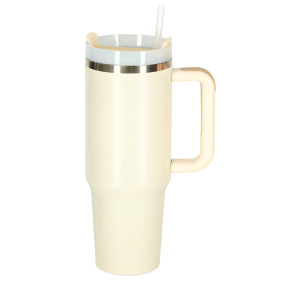 Termohrnček so slamkou a rúčkou 1200 ml - béžový