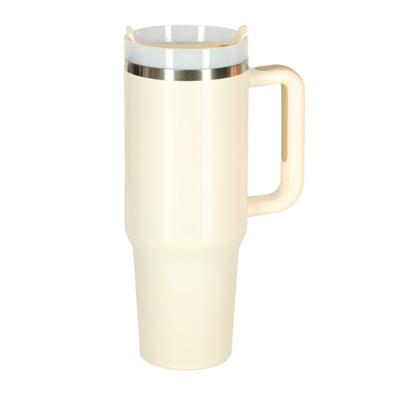 Termohrnček so slamkou a rúčkou 1200 ml - béžový