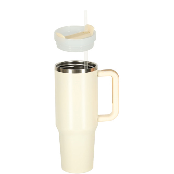 Termohrnček so slamkou a rúčkou 1200 ml - béžový