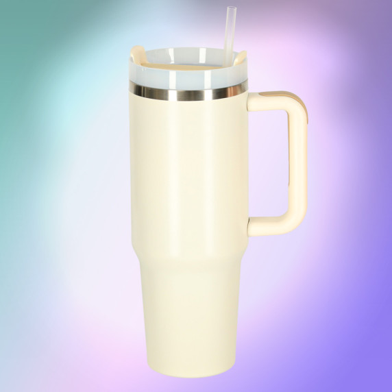 Termohrnček so slamkou a rúčkou 1200 ml - béžový