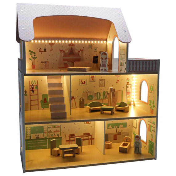 Drevený domček pre bábiky 70 cm s LED osvetlením LULILO Peonio - ružový