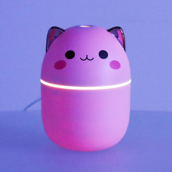 Difuzor în formă de pisică cu lumină RGB 11 x 7,5 cm - roz