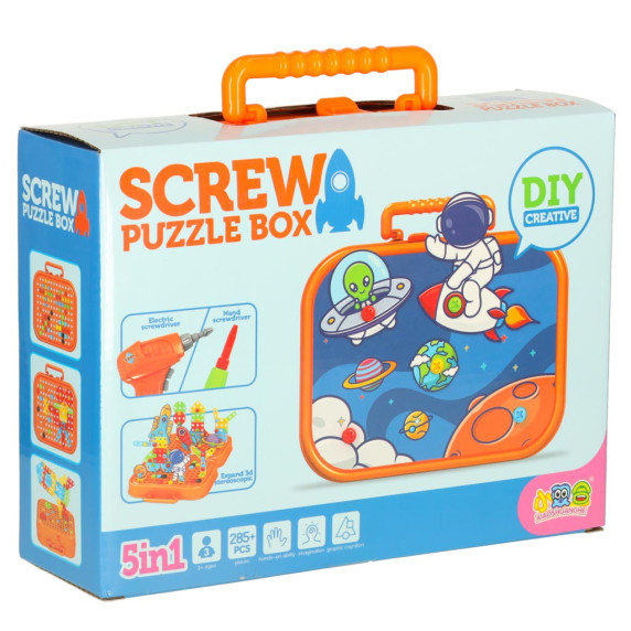 Építő kreatív készlet csavarhúzóval 285 darabos SCREW PUZZLE BOX Space - narancssárga