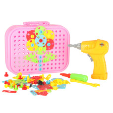 Set creativ pentru constructii cu șurubelniță 285 buc SCREW PUZZLE BOX Unicorn - roz - 