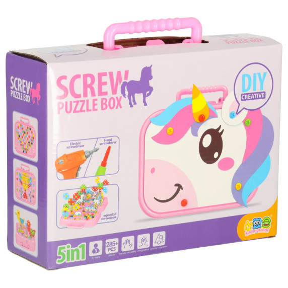 Építő kreatív készlet csavarhúzóval 285 darabos SCREW PUZZLE BOX Unicorn - rózsaszín