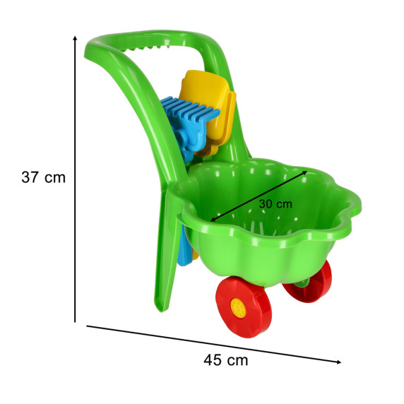 Roabă de grădină pentru copii cu lopată și greblă - Daisy - verde