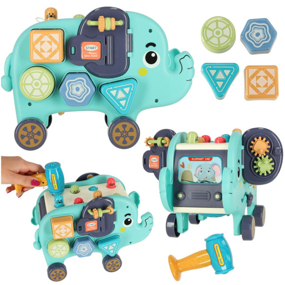 Elefant pe roți 3 in 1 interactiv, inserător, ciocan - Inlea4Fun ELEFANT HAUS