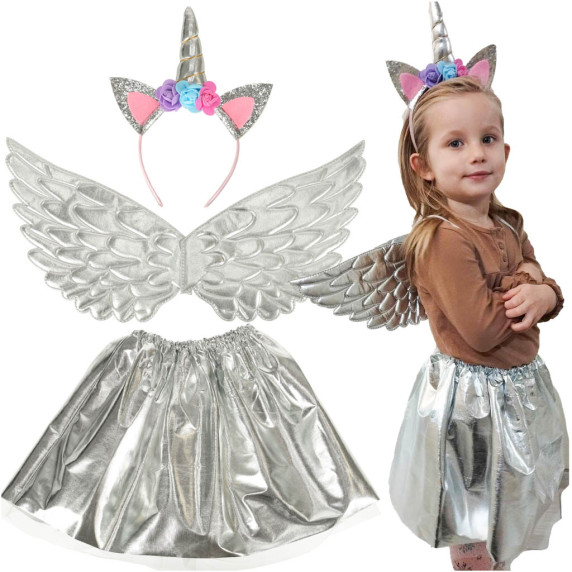 Costum pentru copii - fustă cu aripi și bentiță unicorn - Inlea4Fun - argintiu