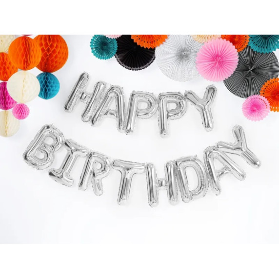 Balon din folie - Happy Birthday - 340x35 cm - argintiu
