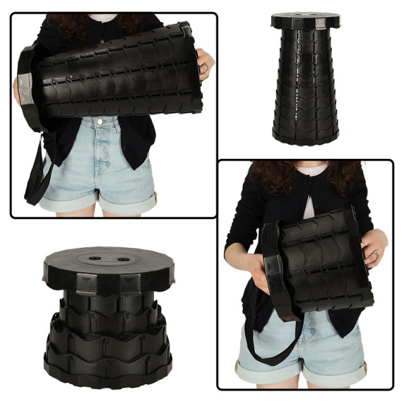 Scaun rotund telescopic pentru camping - negru