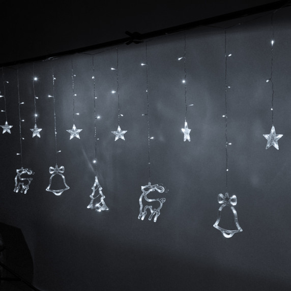 Vianočný LED svetelný záves 2,5 m 138 LED hviezda/zvonček/sob/stromček - studený biely