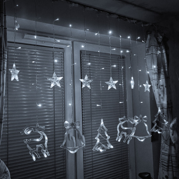 Vianočný LED svetelný záves 2,5 m 138 LED hviezda/zvonček/sob/stromček - studený biely