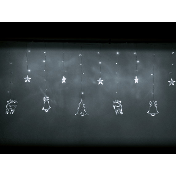 Vianočný LED svetelný záves 2,5 m 138 LED hviezda/zvonček/sob/stromček - studený biely