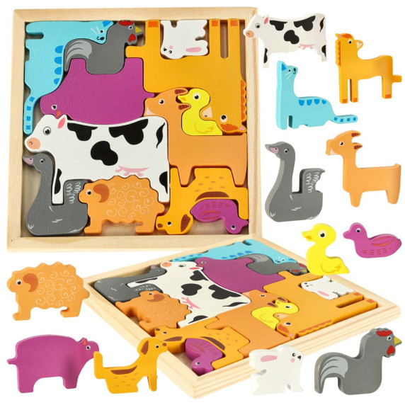 Puzzle din lemn - animale de fermă - 12 piese - Inlea4Fun