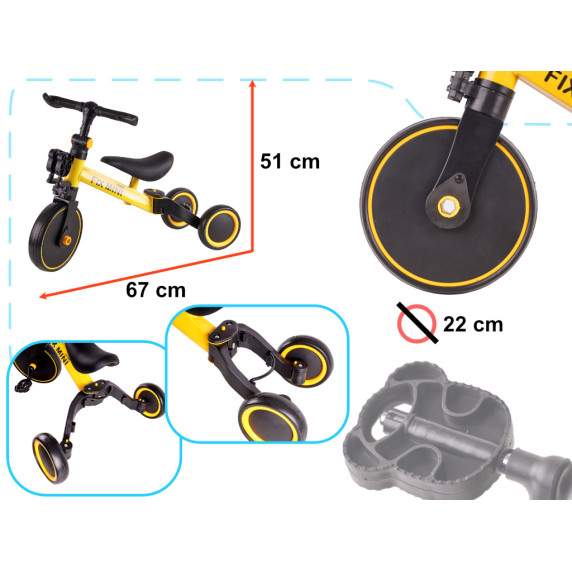 Tricikli 3 az 1-ben pedálokkal Trike Fix Mini - sárga