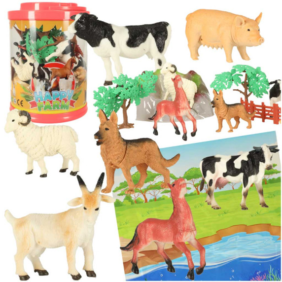 Sada 7 figúrok zvieratiek z farmy s podložkou a doplnkami Inlea4Fun HAPPY FARM