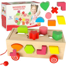 Drevený vozík vkladačka na šnúrke s kockami 17 prvkov Inlea4Fun WOODEN BOX - 