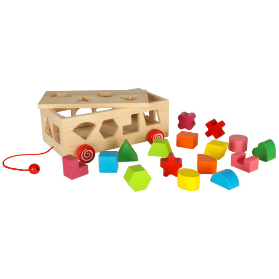 Drevený vozík vkladačka na šnúrke s kockami 17 prvkov Inlea4Fun WOODEN BOX