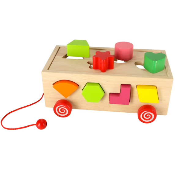 Drevený vozík vkladačka na šnúrke s kockami 17 prvkov Inlea4Fun WOODEN BOX