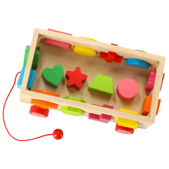 Drevený vozík vkladačka na šnúrke s kockami 17 prvkov Inlea4Fun WOODEN BOX