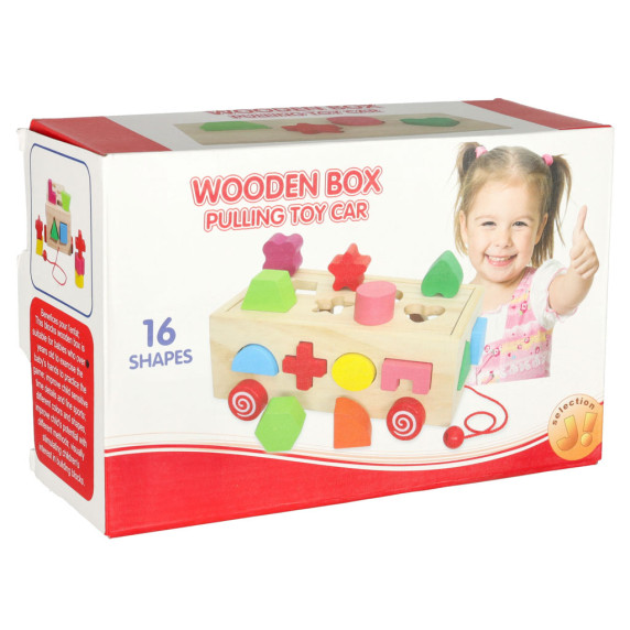 Drevený vozík vkladačka na šnúrke s kockami 17 prvkov Inlea4Fun WOODEN BOX