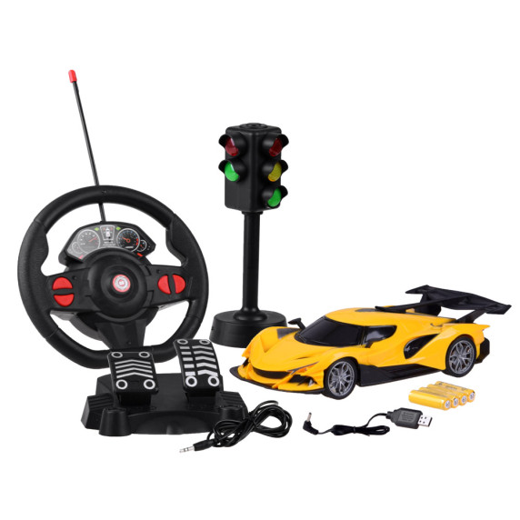 RC Športové autíčko na diaľkové ovládanie s volantom a semaformi Inlea4Fun RACING CONTROL- žlté