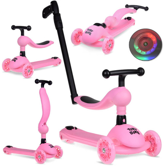 Trojkolesová kolobežka 2v1 s vodiacou tyčou a svietiacimi kolesami Inlea4Fun Tiny Bike - ružová