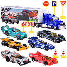 Set metalic de 6 mașini + camion cu indicatoare de circulatie - Inlea4Fun MEGA GARAGE - 