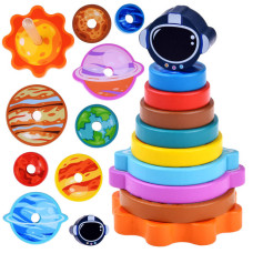 Építőkészlet gyűrűpiramis 10 darabos Inlea4Fun PLANET STACKS - 