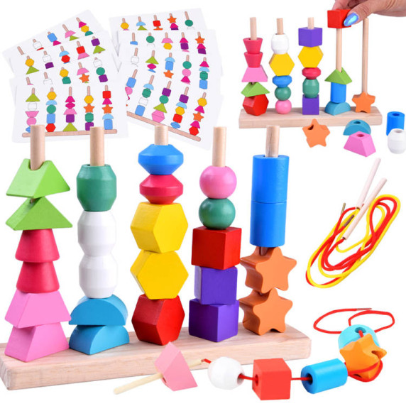 Blocuri de lemn 25 elemente - puzzle educațional - Inlea4Fun 5-COLUMN SET OF BEADS