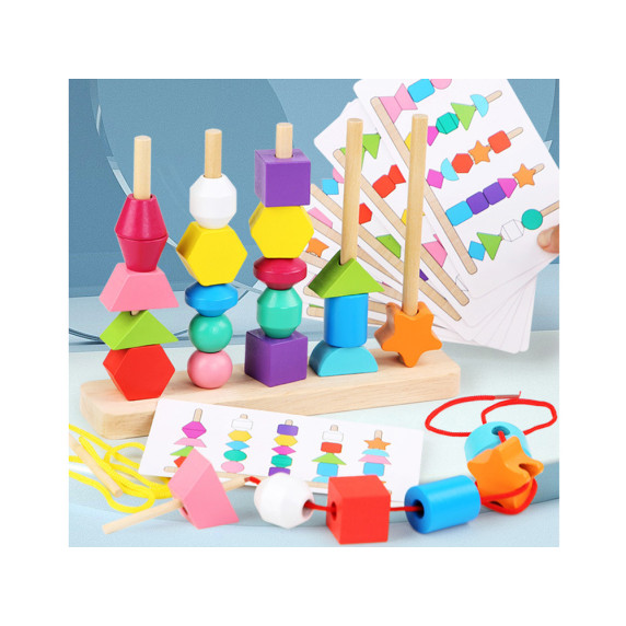 Blocuri de lemn 25 elemente - puzzle educațional - Inlea4Fun 5-COLUMN SET OF BEADS