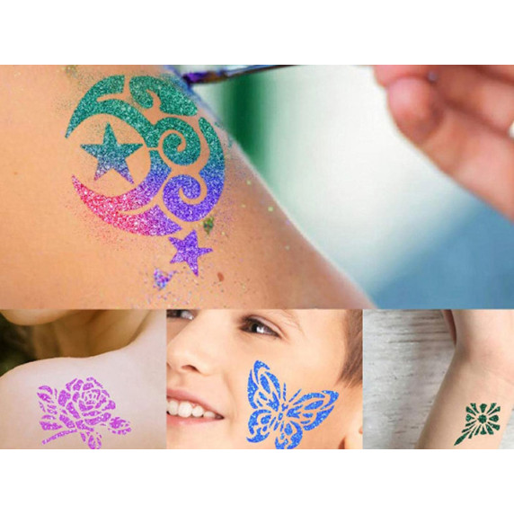 Csillám tetováló készlet 24 színű Inlea4Fun GLITTER TATTOS KIT + Sablonok 