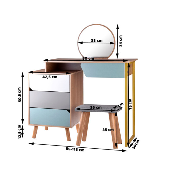 Fésülködőasztal színes fiókokkal és székkel Inlea4Fun ZA4828