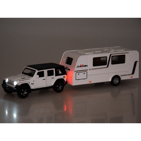 Mașină de teren cu rulotă – ALLOY CAR MODEL – model interactiv din aliaj, în culoarea albă