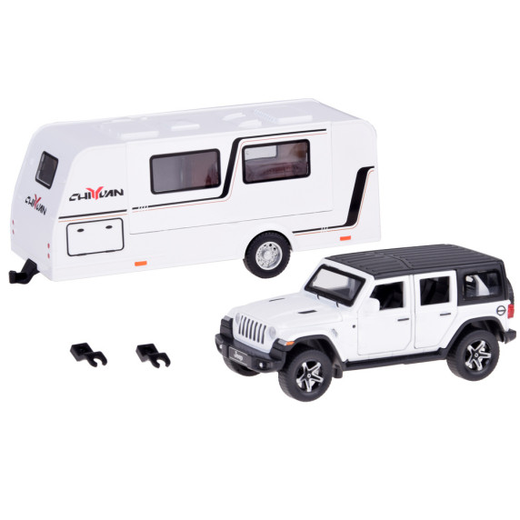 Mașină de teren cu rulotă – ALLOY CAR MODEL – model interactiv din aliaj, în culoarea albă