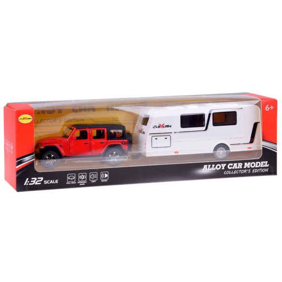 Mașină de teren cu rulotă – ALLOY CAR MODEL – model interactiv din aliaj, în culoarea roșu aprins