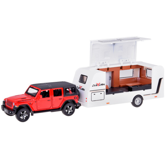 Mașină de teren cu rulotă – ALLOY CAR MODEL – model interactiv din aliaj, în culoarea roșu aprins