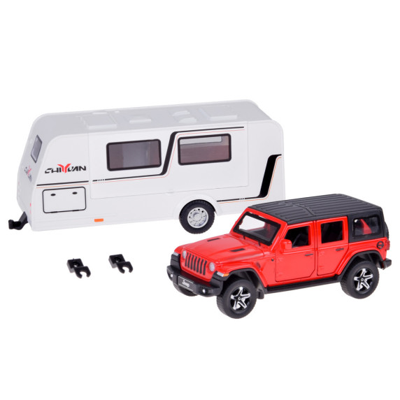 Mașină de teren cu rulotă – ALLOY CAR MODEL – model interactiv din aliaj, în culoarea roșu aprins
