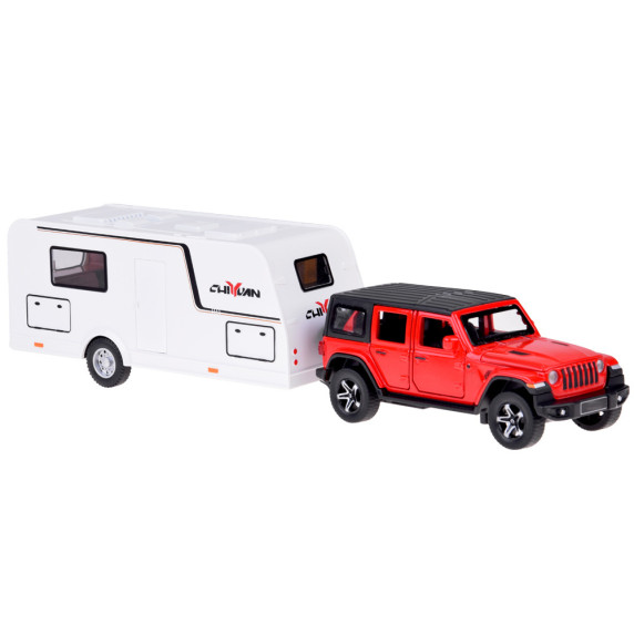 Mașină de teren cu rulotă – ALLOY CAR MODEL – model interactiv din aliaj, în culoarea roșu aprins