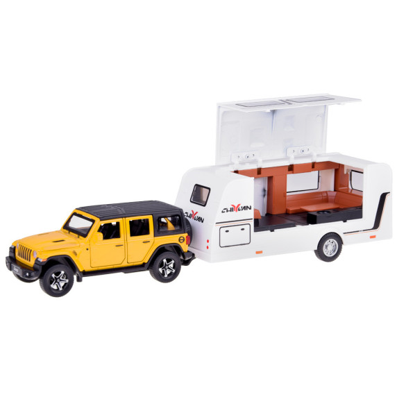 Mașină de teren cu rulotă – ALLOY CAR MODEL – model interactiv din aliaj, în culoarea galben