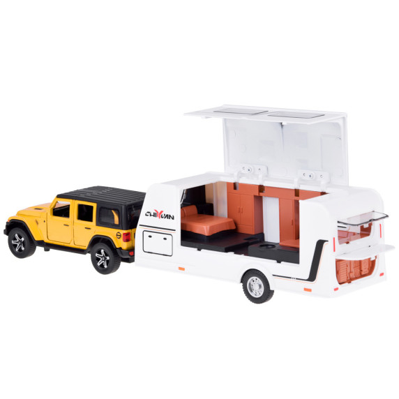 Mașină de teren cu rulotă – ALLOY CAR MODEL – model interactiv din aliaj, în culoarea galben