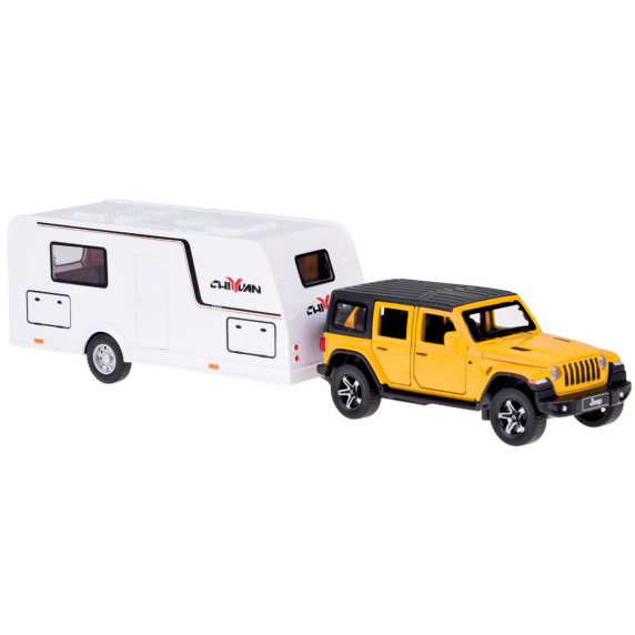 Mașină de teren cu rulotă – ALLOY CAR MODEL – model interactiv din aliaj, în culoarea galben