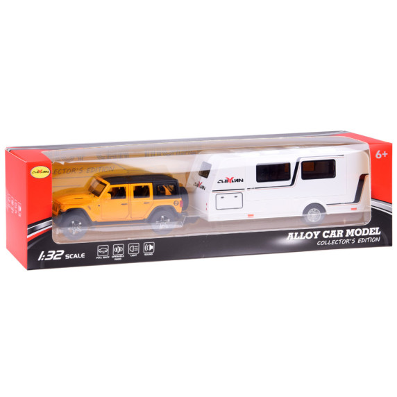 Mașină de teren cu rulotă – ALLOY CAR MODEL – model interactiv din aliaj, în culoarea galben